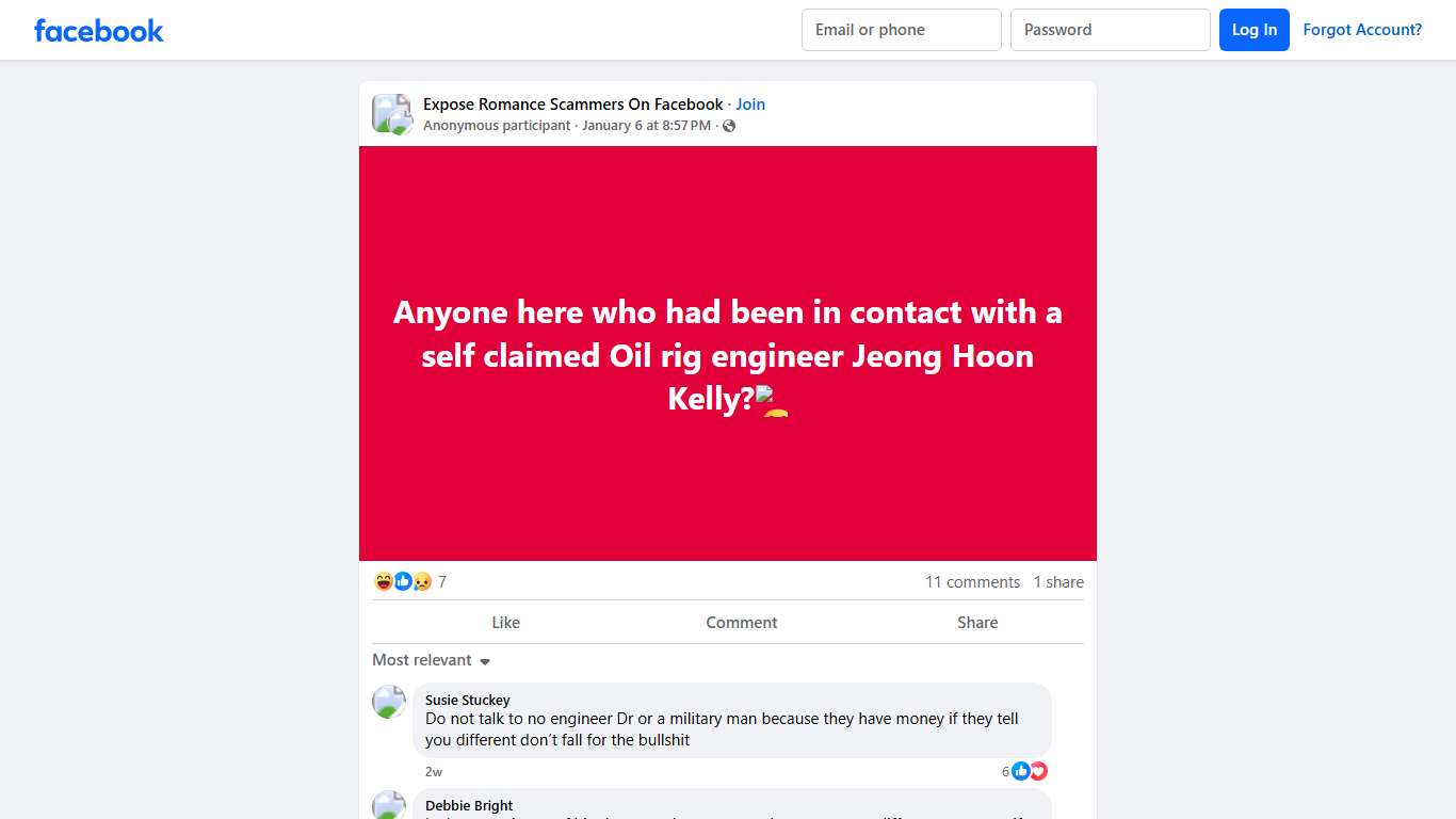 Expose Romance Scammers On Facebook Anyone here who had been in contact with a self claimed Oil rig engineer Jeong Hoon Kelly Facebook
